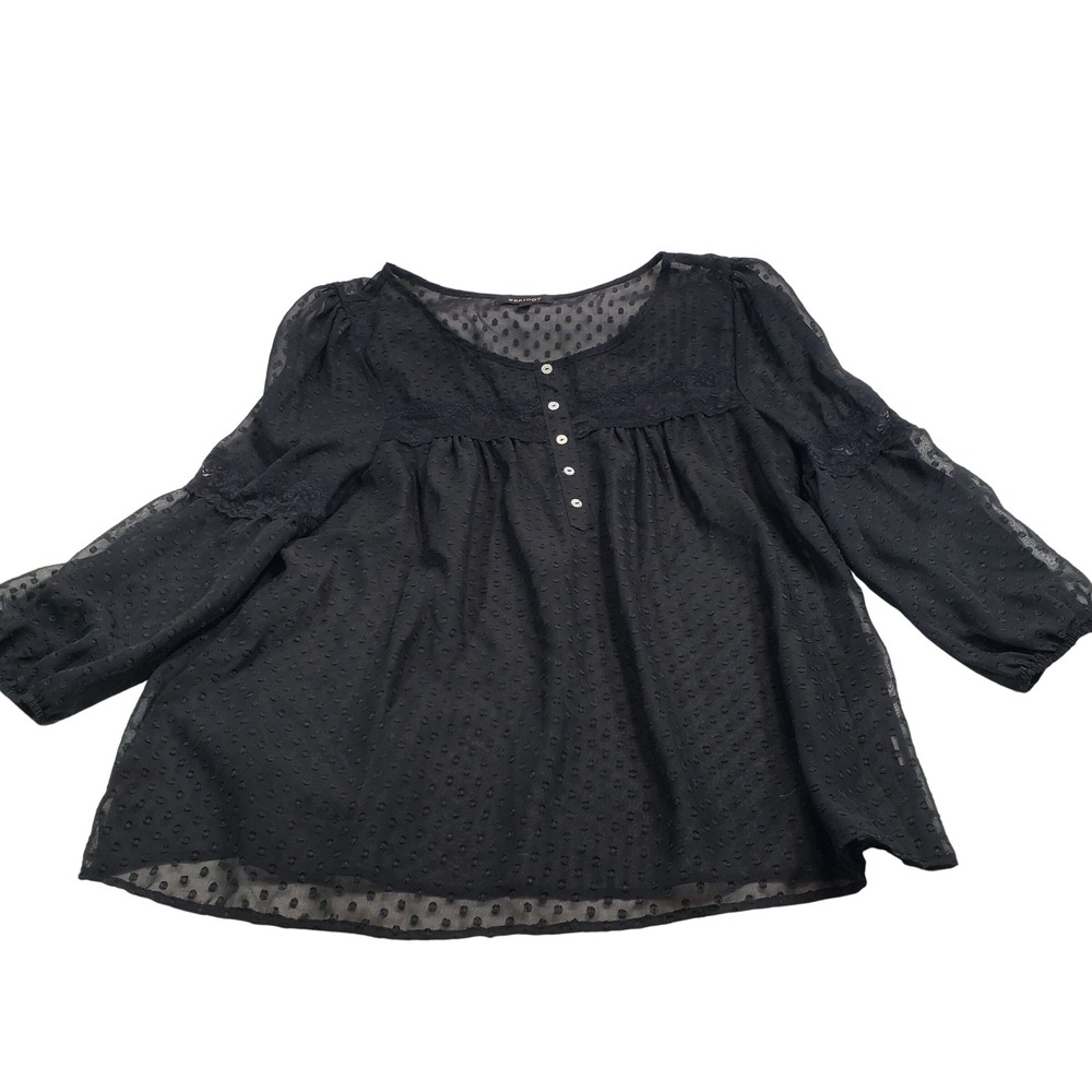 Peridot Womens Swiss Dot Lace‎ Accent Blouse Large Black